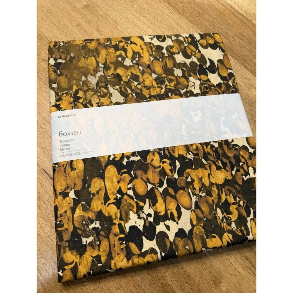 NWT Crate & Barrel 60x120” Tablecloth Yellow Gold Abstract Made Italy Cotton